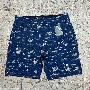 SCALES Never A Tourist hybrid walkshorts navy blue tropical print size 34 NEW